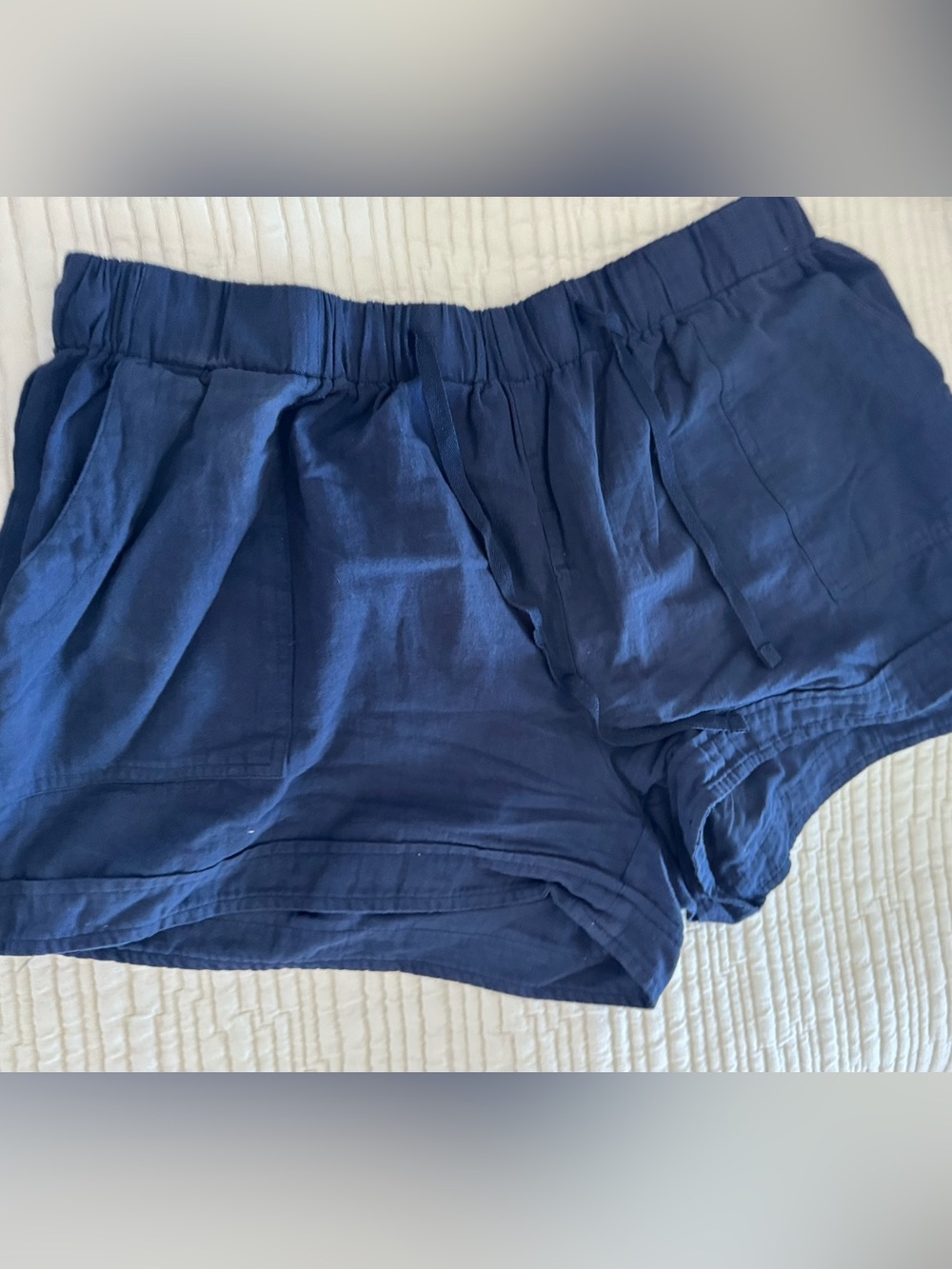 Navy Blue Elastic Waist Linen Shorts